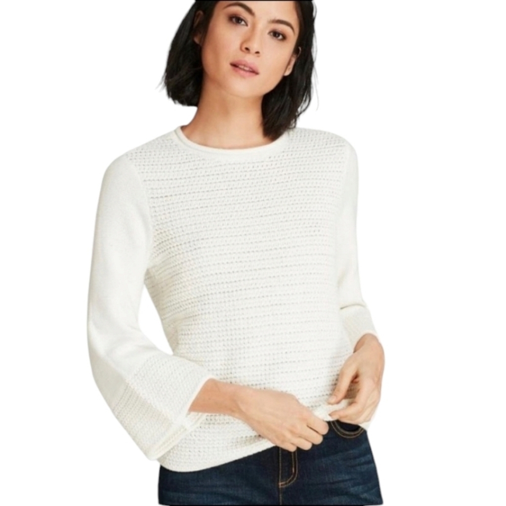 Brooks Brothers Red Fleece Chunky Knit Sweater Medium White Bell Sleeve Classic
